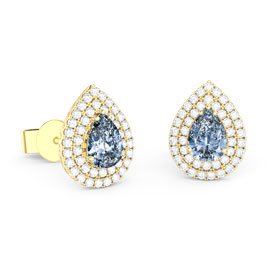 Fusion Aquamarine and Diamond Pear Halo 18ct Yellow Gold Stud Earrings