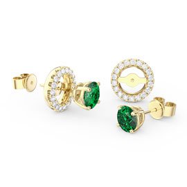 Fusion Emerald 9ct Yellow Gold Stud Earrings White Sapphire Halo Jacket Set