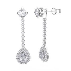 Fusion White Sapphire Pear Halo Platinum plated Silver Stud Drop Earrings Set