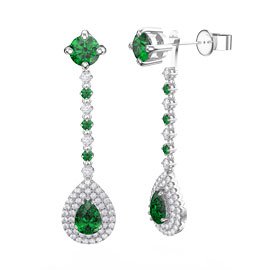Fusion Emerald Pear Halo Platinum plated Silver Stud Drop Earrings Set