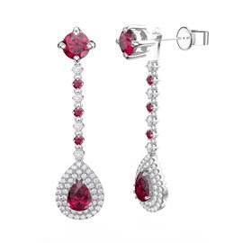 Fusion Ruby Pear Halo Platinum plated Silver Stud Drop Earrings Set