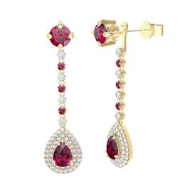 Fusion Ruby Pear Halo 18ct Yellow Gold Stud Drop Earrings Set