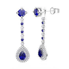 Fusion Sapphire Pear Halo Platinum plated Silver Stud Drop Earrings Set