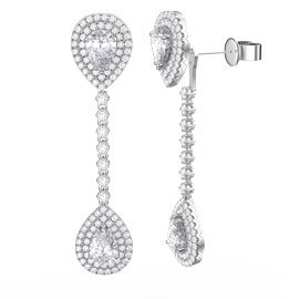 Fusion White Sapphire Pear Halo Platinum plated Silver Stud and Drop Earrings Set