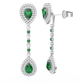 Fusion Emerald Pear Halo Platinum plated Silver Stud and Drop Earrings Set