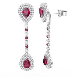 Fusion Ruby Pear Halo 18ct White Gold Halo Stud Drop Earrings Set