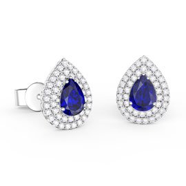 Fusion Sapphire Pear Halo Platinum plated Silver Stud Earrings