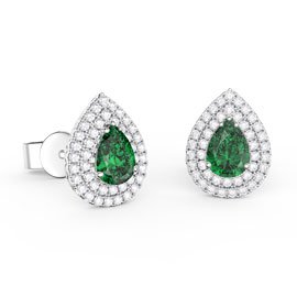 Fusion Emerald Pear and Diamond Halo 18ct White Gold Stud Earrings