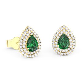 Fusion Emerald Pear and Diamond Halo 18ct Gold Stud Earrings