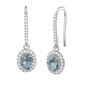 Eternity Aquamarine Oval Halo Platinum plated Silver Pave Drop Earrings