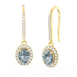 Eternity Aquamarine Oval Moissanite Halo 18ct Yellow Gold Pave Drop Earrings