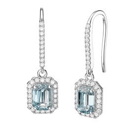 Princess Aquamarine and Diamond Emerald Cut Halo 18ct White Gold Pave Drop Earrings