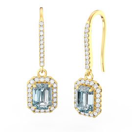 Princess Aquamarine and Diamond Emerald Cut Halo 18ct Yellow Gold Pave Drop Earrings