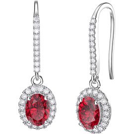 Eternity 1.5ct Ruby Oval Halo Platinum plated Silver Pave Drop Earrings