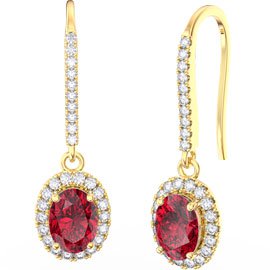 Eternity 1.5ct Ruby Oval Halo 18ct Yellow Gold Pave Drop Earrings