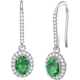 Eternity 1.5ct Emerald Oval Halo Platinum plated Silver Pave Drop Earrings