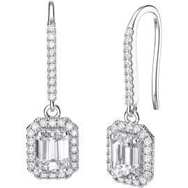 Princess White Sapphire Emerald Cut Halo Platinum plated Silver Pave Drop Earrings