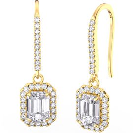 Princess Moissanite Emerald Cut Halo 18ct Yellow Gold Pave Drop Earrings