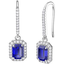 Princess Sapphire and Diamond Emerald Cut Halo 18ct White Gold Pave Drop Earrings