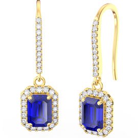 Princess Sapphire and Diamond Emerald Cut Halo 18ct Yellow Gold Pave Drop Earrings