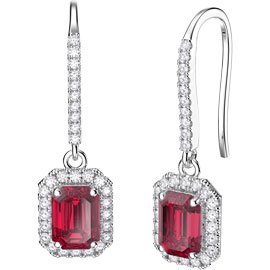 Princess Ruby and Diamond Emerald Cut Halo 18ct White Gold Pave Drop Earrings