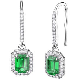 Princess Emerald cut Emerald Moissanite Halo 9ct White Gold Pave Drop Earrings