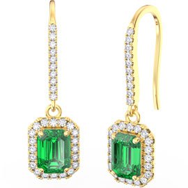 Princess Emerald cut Emerald Halo 9ct Yellow Gold Pave Drop Earrings