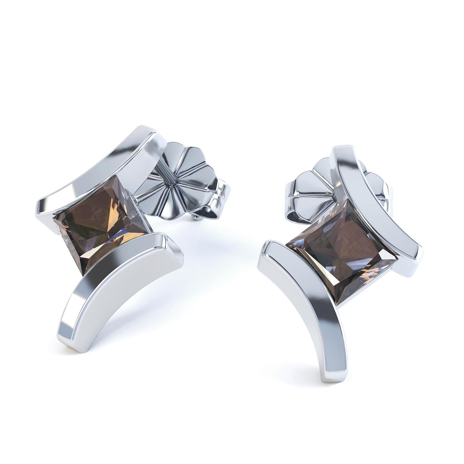 Combinations Smokey Quartz Square Rhodium plated Silver Earrings #1