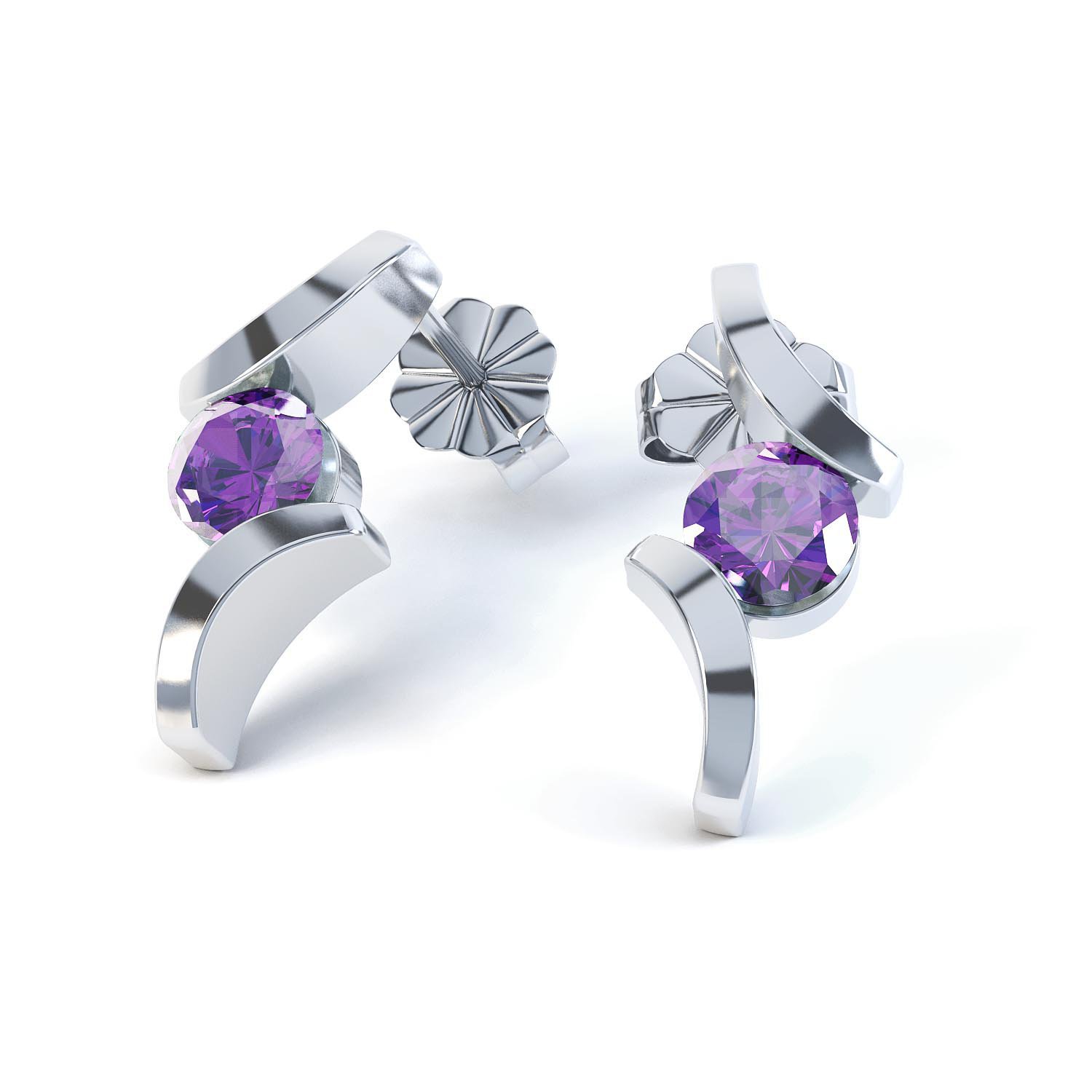 Combinations Amethyst Round Rhodium plated Silver Earrings