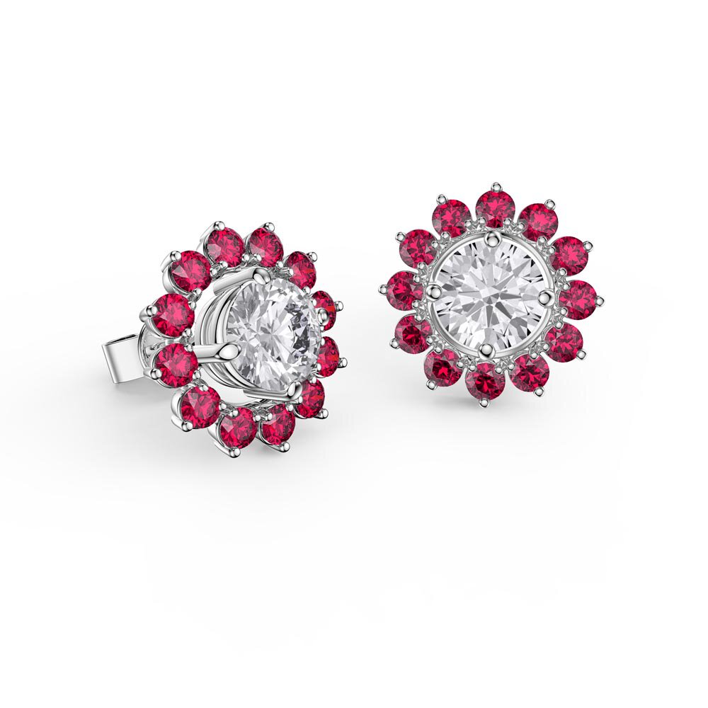 Fusion White Sapphire Platinum plated Silver Stud Earrings Ruby Halo Jacket Set #2
