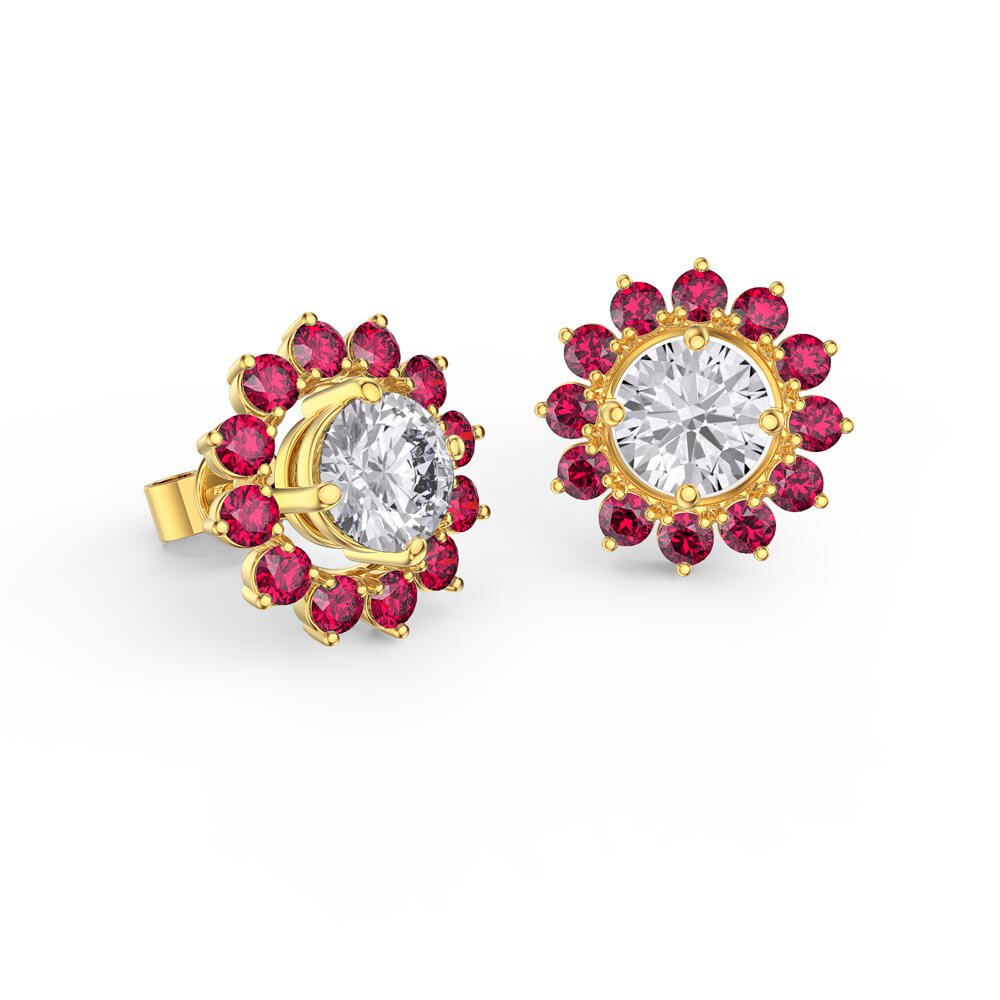 Fusion Moissanite 18ct Yellow Gold Stud Earrings Ruby Halo Jacket Set #2
