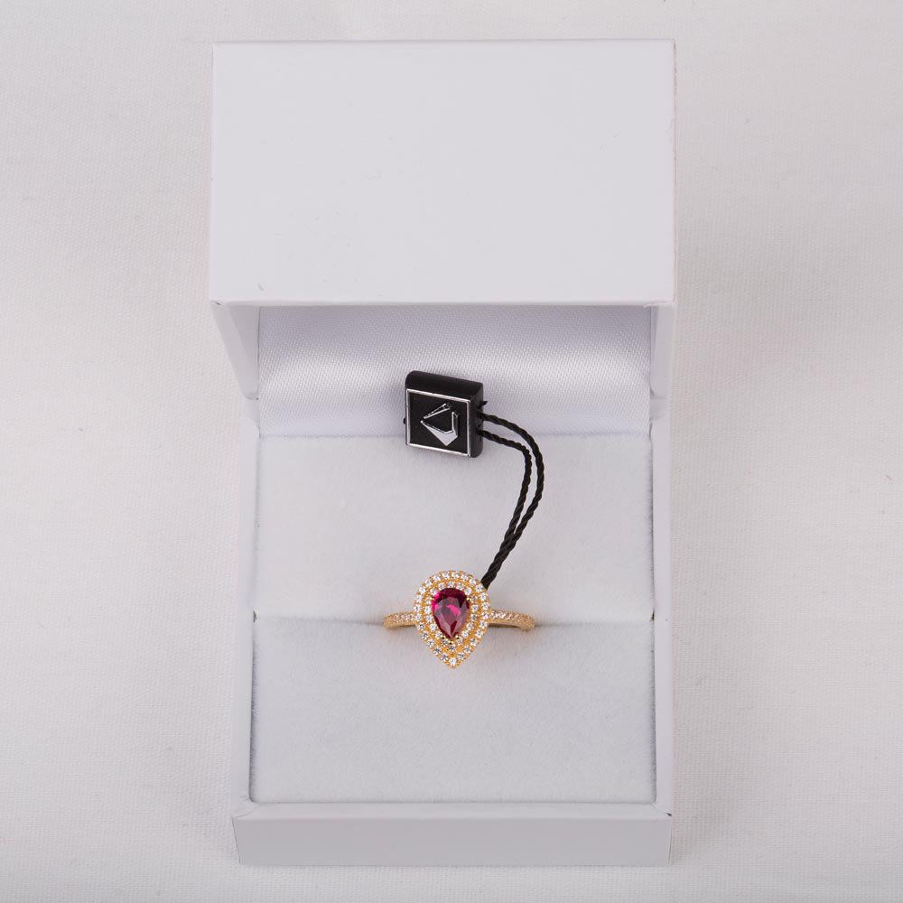 Fusion Ruby Pear and Diamond Halo 18ct Yellow Gold Engagement Ring #3