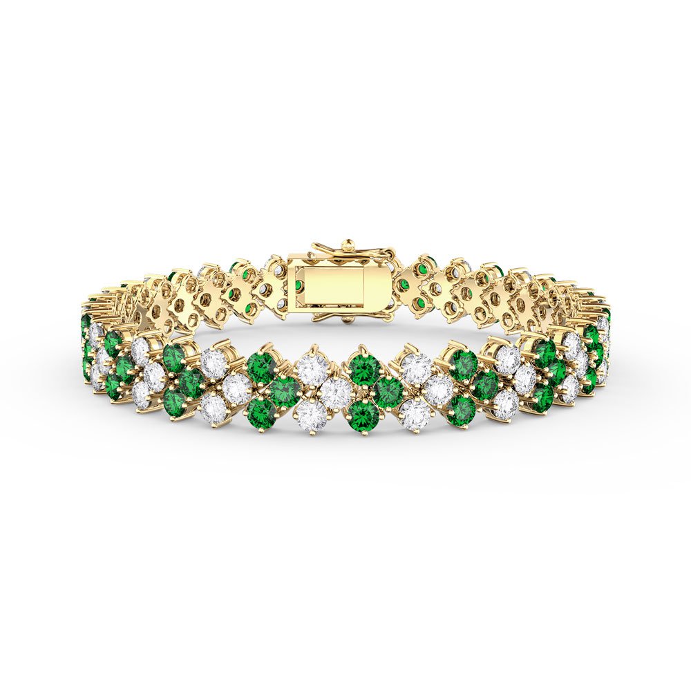 Eternity Three Row Emerald and Moissanite 9ct Yellow Gold Tennis Bracelet