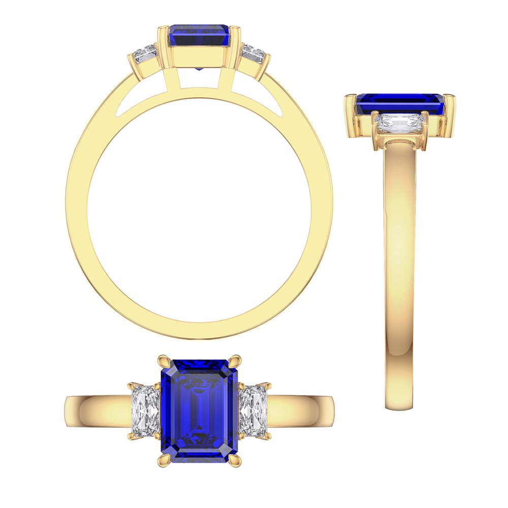 Princess 2ct Sapphire Emerald Cut 18ct Yellow Gold Moissanite Three Stone Engagement Ring #3