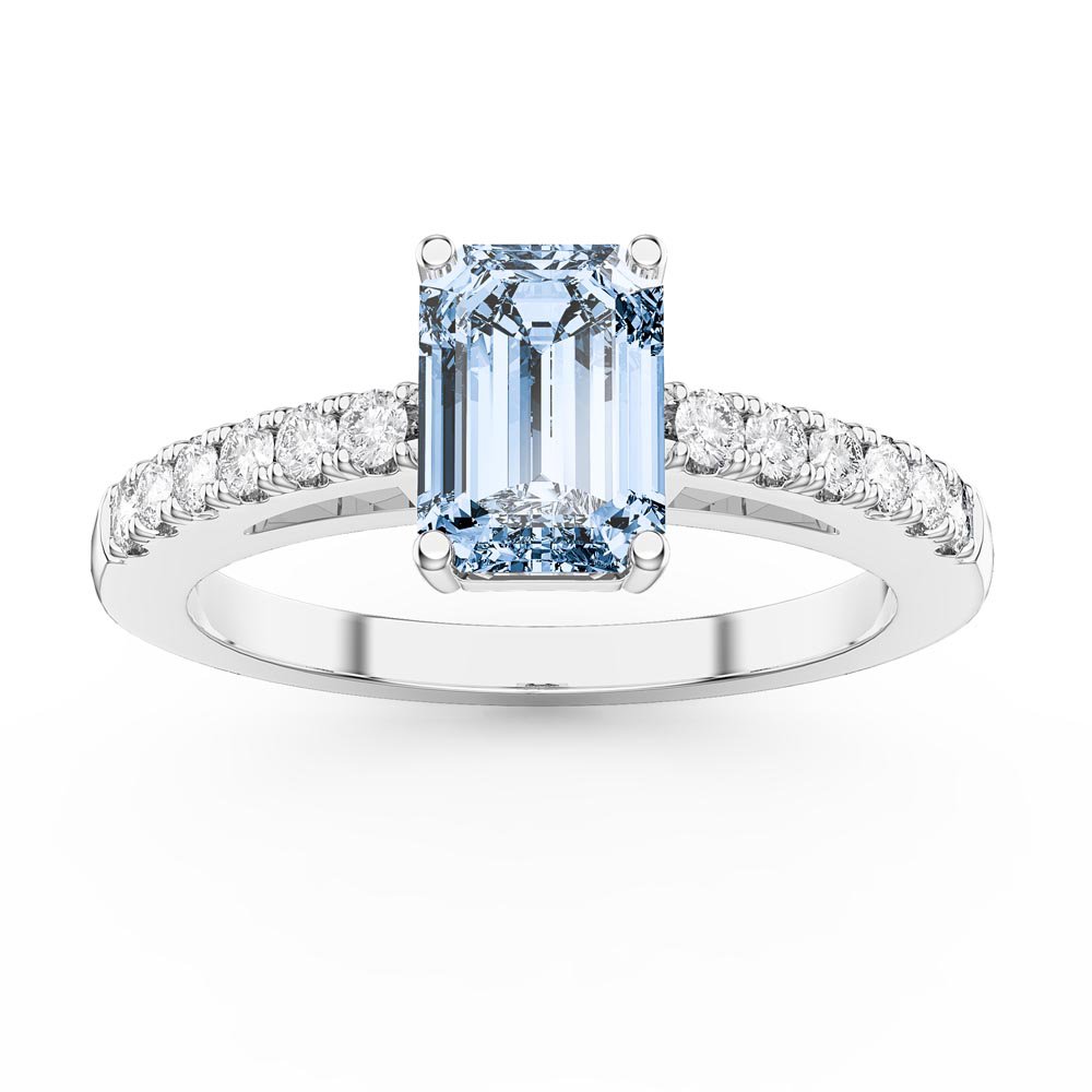 Unity 1ct Aquamarine Emerald Cut Diamond Pave 18ct White Gold Engagement Ring