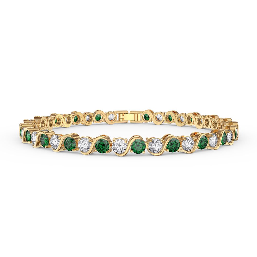 Infinity Emerald and White Sapphire 9ct Yellow Gold S Bar Tennis Bracelet