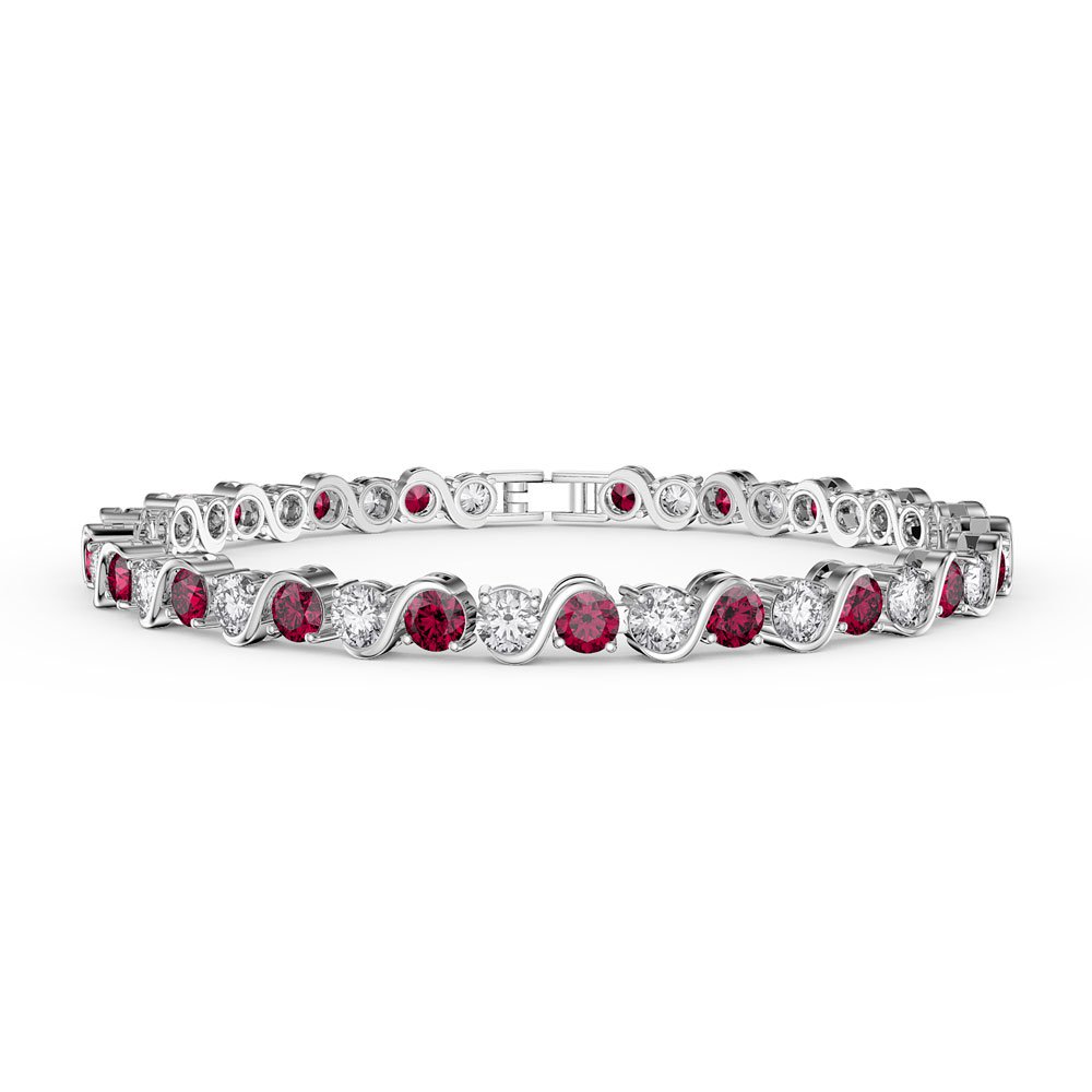 Infinity Ruby and White Sapphire Platinum plated S Bar Silver Tennis Bracelet