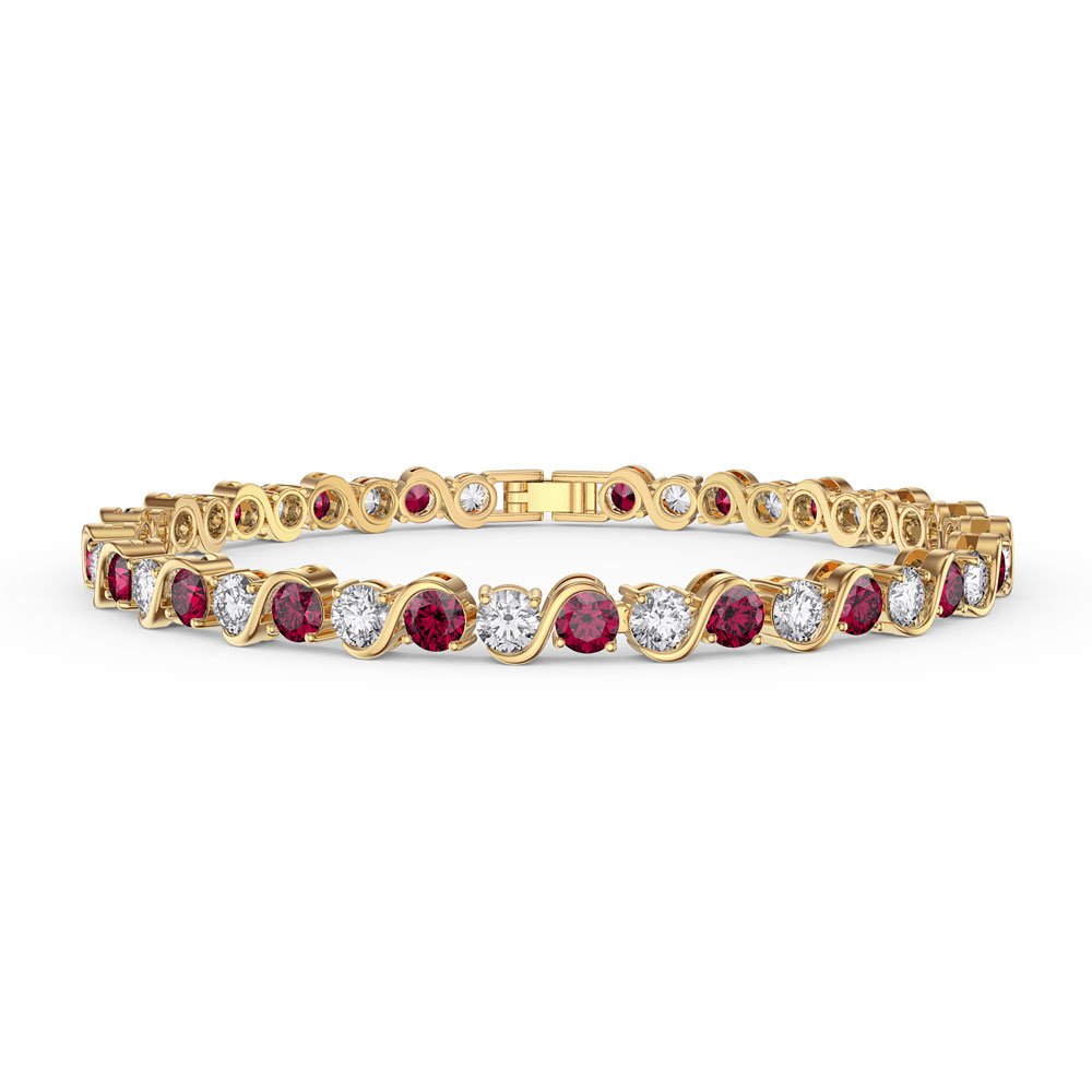 Infinity Ruby and Diamond CZ 18ct Gold plated S Bar Silver Tennis Bracelet