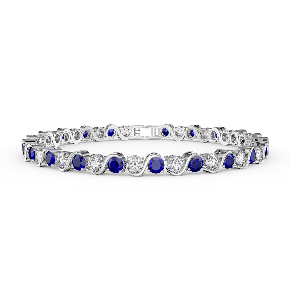 Infinity Blue and Moissanite Platinum plated Silver S Bar Tennis Bracelet