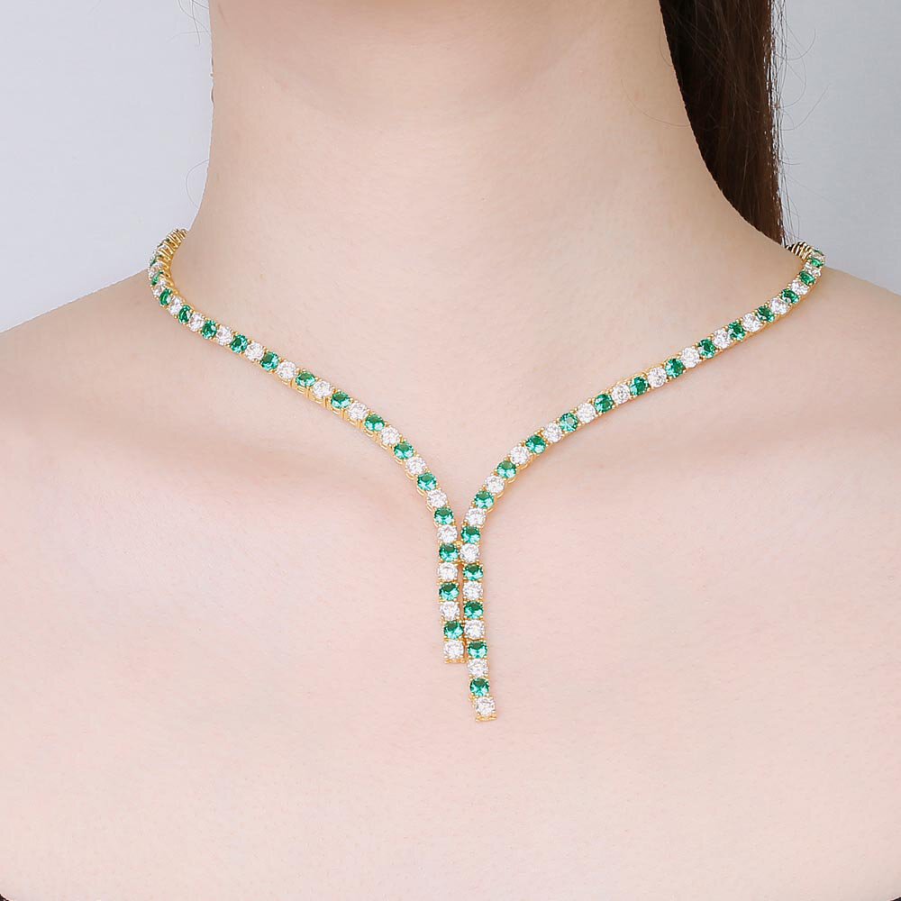 Eternity Asymmetric Drop Emerald and Diamond CZ 18ct Gold plated Silver Tennis Necklace #2