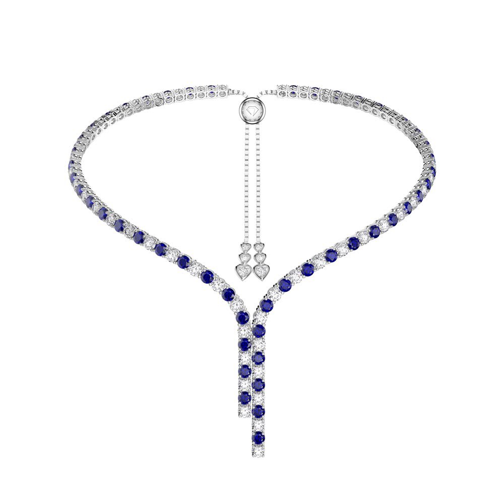 Eternity Asymmetric Drop Blue and White Sapphire Platinum finished Silver Tennis Necklace