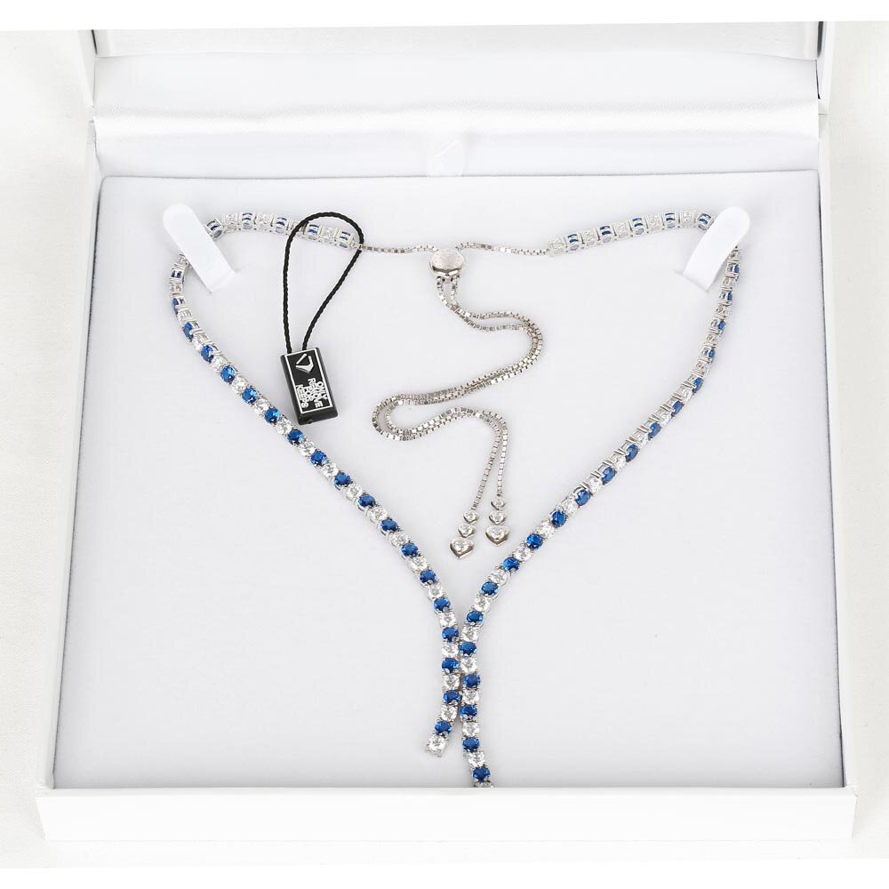 Eternity Asymmetric Drop Blue and White Sapphire Platinum finished Silver Tennis Necklace #3