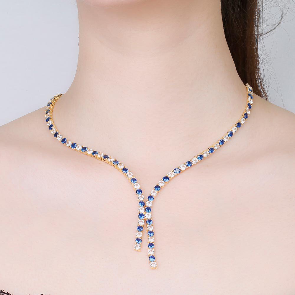 Eternity Asymmetric Drop Blue and White Sapphire 18ct Gold Vermeil Tennis Necklace #2