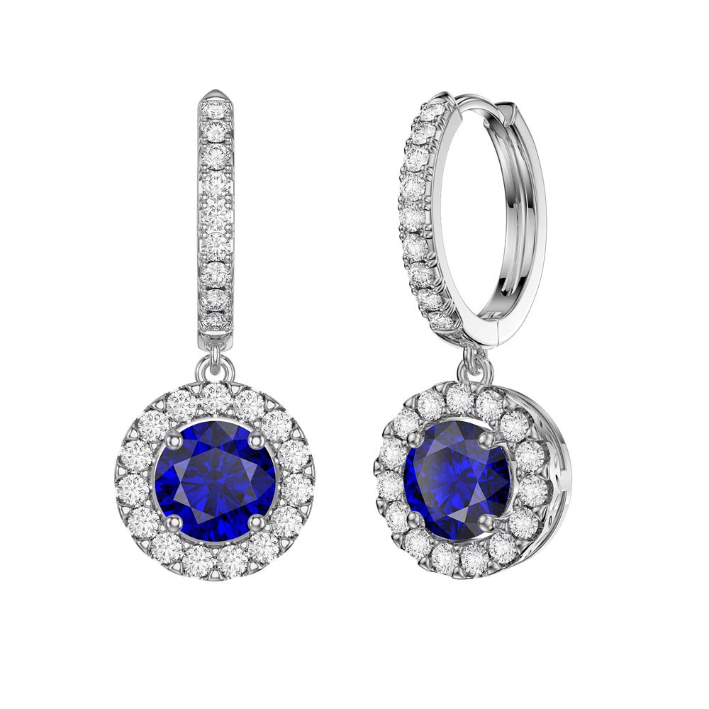 Eternity 2ct Sapphire Halo Drop Hoop Earrings in Platinum plated Silver