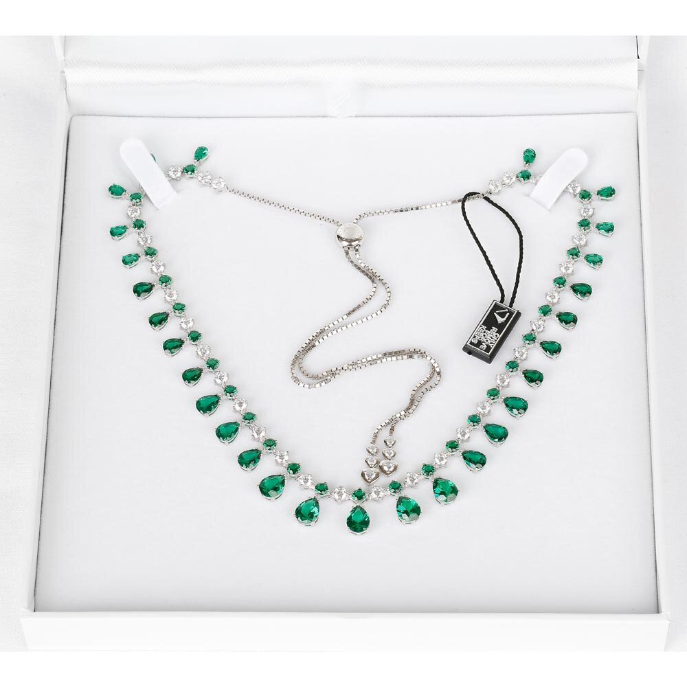 Princess Graduated Pear Drop Emerald and Diamond CZ Silver Choker Tennis Necklace #3