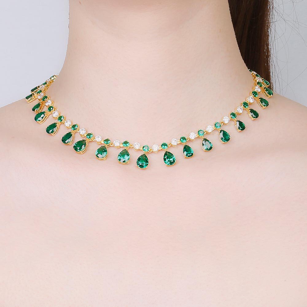 Princess Graduated Pear Drop Emerald and Diamond CZ 18ct Gold plated Silver Choker Tennis Necklace #2
