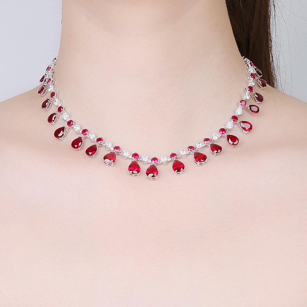 Princess Graduated Pear Drop Ruby Rhodium plated Silver Choker Jewellery Set #2