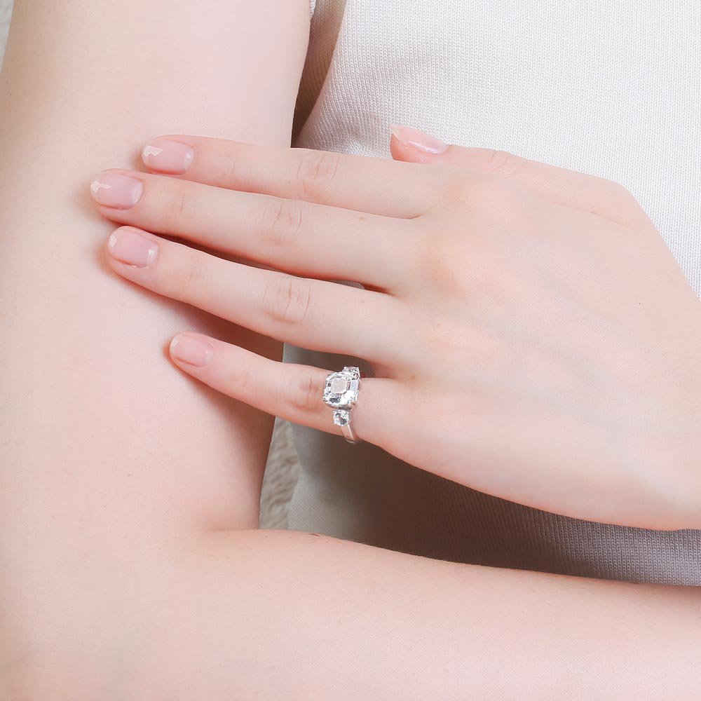Princess 3ct White Sapphire Asscher Cut 9ct White Gold Three Stone Proposal Ring #5