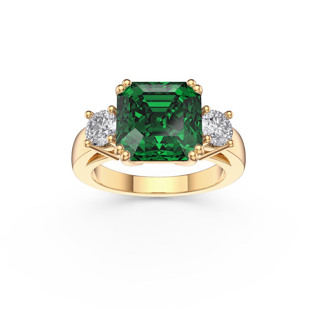 Princess 3ct Emerald Asscher Cut 9ct Yellow Gold Three Stone Engagement Ring