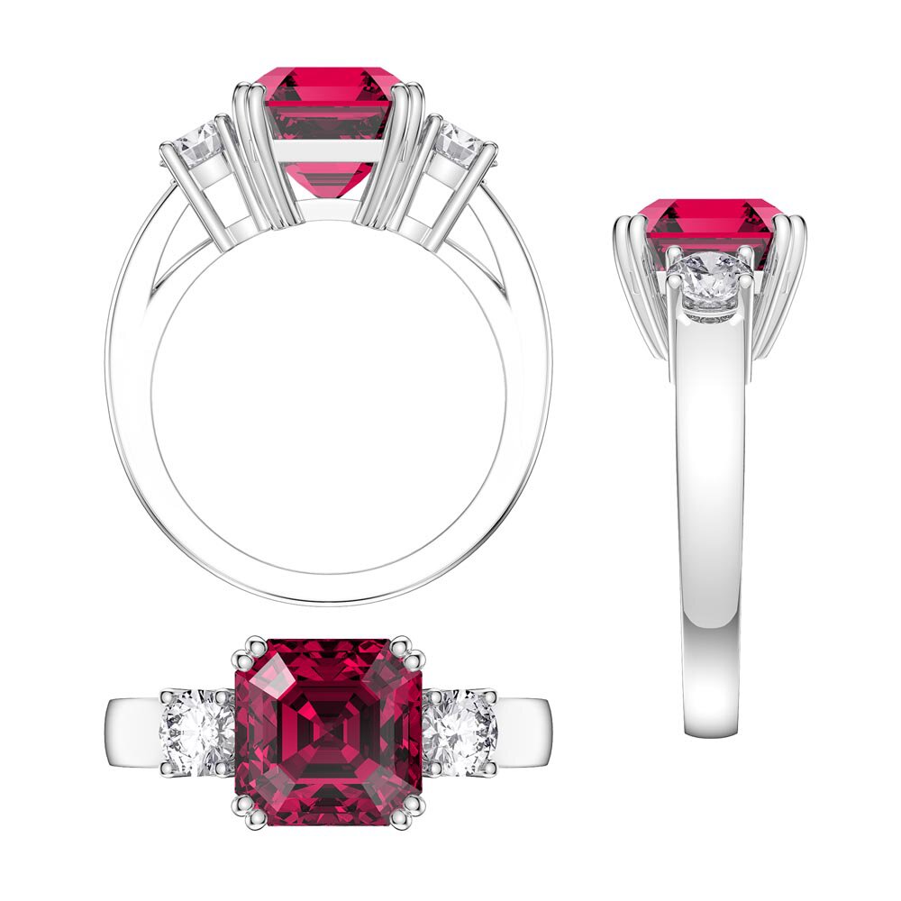 Princess 3ct Ruby Asscher Cut Platinum plated Silver Three Stone Promise Ring #2